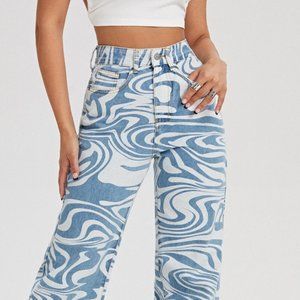 Retro High Waisted Denim with Swirl Print